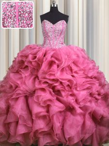 Bling-bling visible bling-bling color de rosa rosado del neckline del amor que rebordea y ruffles el vestido sin mangas del baile de fin de curso del vestido del baile de fin de curso para arriba