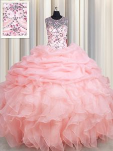 Gran ver a través de escote de cuello de rosado bebé rebordear y volantes y recoger el vestido de baile vestido de baile vestido sin mangas hasta