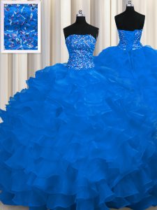 Los vestidos de bola del azul real sin tirantes sin mangas del tren del barrido del organza atan para arriba el rebordear y los vestidos de bola del membrillo de las colmenas