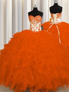Organza novia sin mangas encaje hasta apliques y volantes dulce 16 vestido en naranja rojo
