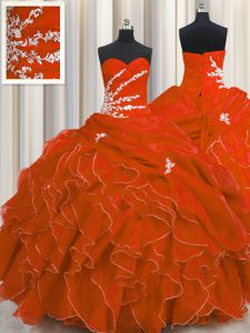 El rojo de la clase alta ata para arriba el vestido del baile de fin de curso del vestido de bola que rebordea y appliques y ruffles longitud sin mangas del piso