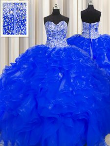 Vestidos de bola azules visibles coloridos vistiendo el rebordear y el vestido del quinceanera de las colmenas del cordón rebordeó para arriba la longitud sin mangas del piso del organza