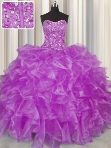 Diseño personalizado visibles deshuesado organza púrpura encaje hasta 15 vestido de quinceañera longitud sin mangas piso rebordear y volantes