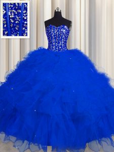 Visible deshuesado sin mangas de longitud de piso rebordear y volantes y lentejuelas ata el vestido de quinceañera con azul real