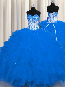 Azul real atan para arriba el dulce 16 vestido del quinceanera appliques y volantes longitud sin mangas del piso