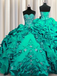 Los cequis bordan los vestidos de bola vestidos de quinceanera el amor verde oscuro la longitud sin mangas del piso del tafetán atan para arriba