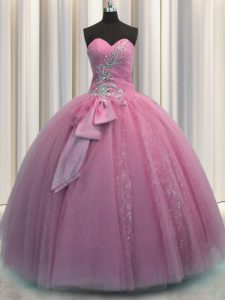 Impresionantes cequis bowknot piso longitud vestidos de fiesta sin mangas rosa rosa dulce 16 vestido de quinceañera hasta encaje