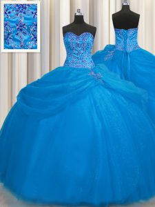 Atractiva realmente hinchada longitud de piso de tul sin mangas hasta el vestido de quinceañera en azul con rebordear