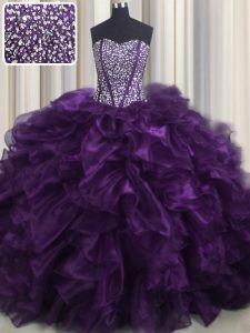 Bling-bling con tren púrpura 15 quinceanera vestido sin mangas cepillo tren tren hasta