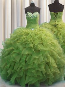 Gloriosa perla de busto de color verde oliva hasta encaje dulce 16 vestido de perlas y volantes sin mangas de longitud del piso