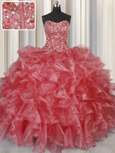 El coral rojo que deshuesa visible del nuevo estilo ata para arriba el vestido del quinceanera del dulce 16 que rebordea y ruffles la longitud sin mangas del piso