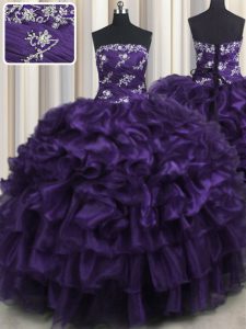 Púrpura vestidos de baile apliques y volantes y capas de capas de membrillo vestido de bola de encaje hasta organza longitud del piso sin mangas