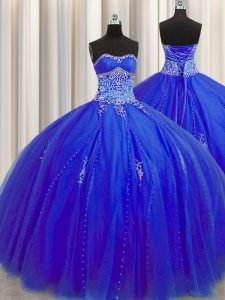 Fantástico puffy falda rebordear y appliques quinceanera vestidos de color azul real hasta la longitud del piso sin mangas
