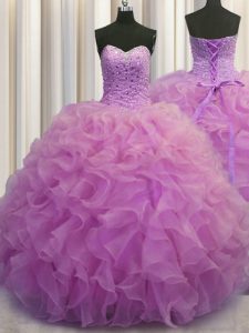 La venta caliente sin mangas de la longitud del piso que rebordea y las colmenas atan para arriba los vestidos del quinceanera con lila