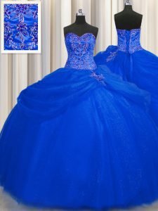 Gloriosa longitud de piso hinchada grande azul real vestidos de quinceañera novia sin mangas hasta