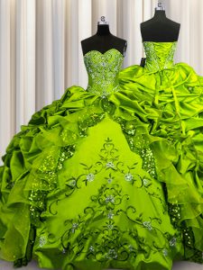 Tafetán de oliva verde hasta el vestido de baile vestido de fiesta sin mangas longitud del piso perlas y bordados y volantes y lentejuelas y pick ups