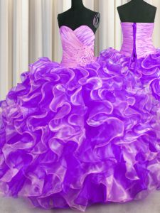 Vestidos de bola baratos vestidos de quinceanera púrpura organza longitud sin mangas del piso de encaje hasta