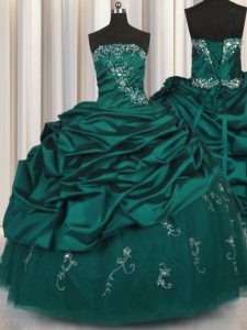 Recolecta los vestidos de bola del piso del bordado los vestidos sin mangas del pavo real del verde del quinceanera atan para arriba
