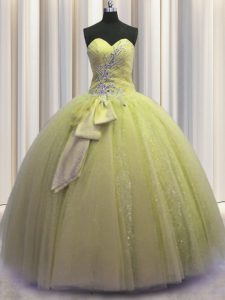 El nuevo vestido de Tulle del vestido del cumpleaños de la luz de la longitud del piso de la llegada del nuevo amarillo sin rebordear y cequis y bowknot