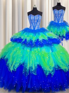 Vestido de baile deshuesado visible de tres piezas vestido de baile del vestido de bola vestido multicolor multicolor de Tulle sin mangas de la longitud del piso atan para arriba