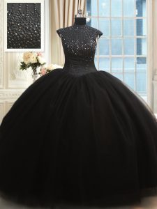 Gran cuello alto rebordeando 15 quinceanera vestido negro cremallera mangas tapa longitud del piso