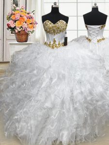 Los vestidos de bola blancos hermosos rebordean y los vestidos del quinceanera de las colmenas atan para arriba la longitud sin mangas del piso del organza