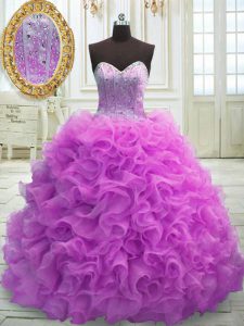 Elegante encaje hasta 15 quinceanera vestido de lila para el balón militar y dulce 16 y quinceanera con rebordear y colmenas tren de barrido