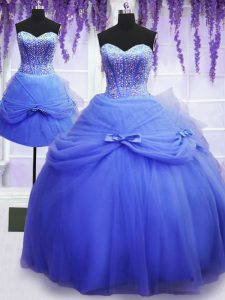 Tres pedazos azul sin mangas rebordear y bowknot longitud del piso vestido de baile vestido de fiesta