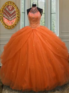 Vestidos de bola rojos anaranjados por encargo de la tapa del halter que rebordean el vestido del quinceanera 15 atan para arriba la longitud sin mangas del piso de Tulle