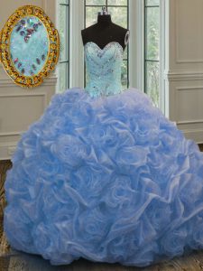 Brillante novia sin mangas de quinceañera vestidos de piso de longitud perla azul bebé organza