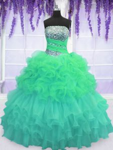 Luxurious pick ups ruffled vestidos de fiesta vestidos de quinceañera multi-color sin tirantes sin mangas de organza longitud del piso de encaje hasta