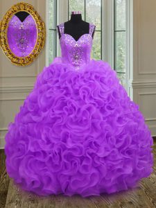 Custom fit straps rebordear y volantes vestidos de quinceañera púrpura cremallera sin mangas de longitud del piso