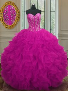El vestido sin mangas del organza del vestido del quinceanera del fucsia 15 de la longitud del piso de la venta rebordea y ruffles