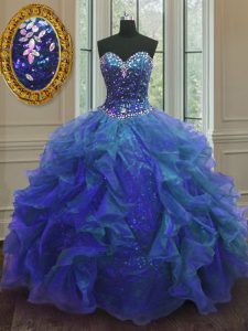 Longitud sin mangas azul del piso que rebordea y las colmenas atan para arriba el vestido del baile de fin de curso del vestido de bola