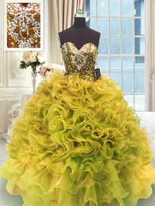 Los vestidos de boda calientes venden la longitud sin mangas del piso del organza del amor del oro de los vestidos del dulce 16 atan para arriba