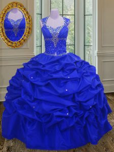 Los vestidos dulces del tafetán de los vestidos de bola del azul real sin mangas que rebordean y recogen la longitud del piso atan para arriba el vestido dulce 16