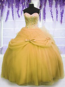 Los vestidos de bola tradicionales del oro que rebordean y bowknot dulce 16 vestido del quinceanera atan para arriba la longitud sin mangas del piso de Tulle