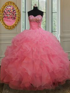 Rebordear y ruffles vestido del décimo quinto vestido color de rosa rosado atan para arriba longitud sin mangas del piso