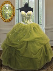 El gran organza verde oliva ata para arriba la longitud sin mangas del piso del amor vestidos de quinceanera los cequis y las recolecciones