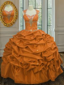Correas longitud sin mangas del piso del tafetán atan para arriba vestido del baile de fin de curso del vestido de bola en naranja con el rebordear y las recolecciones