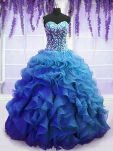 Azul suntuoso encaje hasta 15 vestido de quinceañera que rebordea y volantes longitud sin mangas del piso