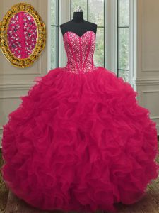 Los vestidos de bola rojos coralinos longitud sin mangas del piso del organza del amor atan para arriba el rebordear y el vestido del baile de fin de curso del vestido de bola de las colmenas