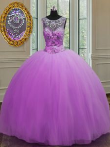 La longitud sin mangas púrpura hermosa del piso del halter que rebordea ata para arriba el vestido de cumpleaños 15to