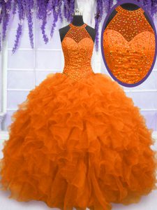 Personalizado de diseño de color naranja 15 quinceanera vestido militar balón y dulce 16 y quinceanera y para con rebordear y volantes de cuello alto sin mangas con cordones