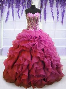 Vestidos de bola lila elegante rebordear y volantes dulce 16 vestido ata hasta la longitud sin mangas de organza piso