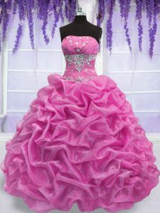 La venta se levantó los vestidos de bola rosados ​​organza sin mangas sin mangas rebordeando la longitud del piso atan para arriba el vestido de quinceanera