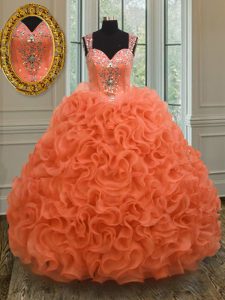 Correas de lujo de organza naranja cremallera vestidos de quinceañera longitud sin mangas de piso rebordear y volantes