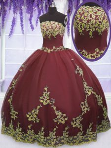Aplicaciones clásicas vestido de quinceanera borgoña cremallera longitud del piso sin mangas