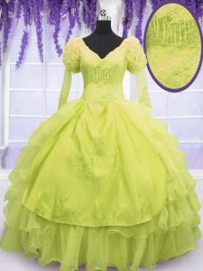 Admirable piso longitud vestidos de novia sin mangas de color verde amarillo quinceanera vestidos de encaje hasta