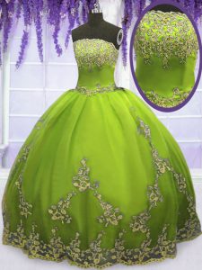 La cremallera sin tirantes del verde verde oliva de la venta caliente appliques el vestido del quinceanera sin mangas